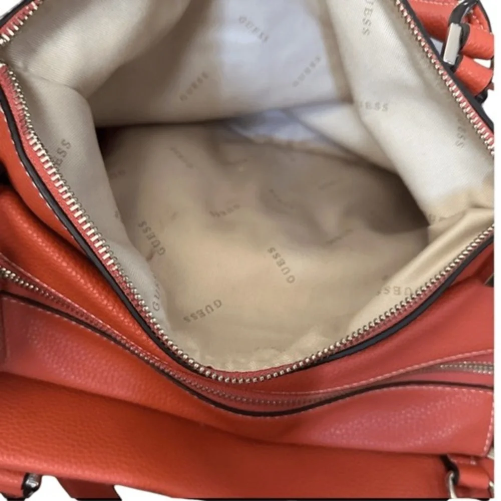GUESS Satchel Handbag Burnt Orange Canvas Leather Trim Top Handle Crossbody Bag‎